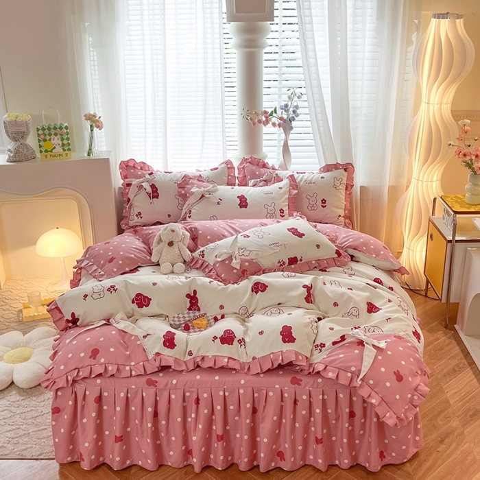 91家纺网 家纺一手货源 找家纺 艺玲 2023新款韩式蝴蝶结花边斜纹加厚磨毛床裙床单四件套 彼得兔