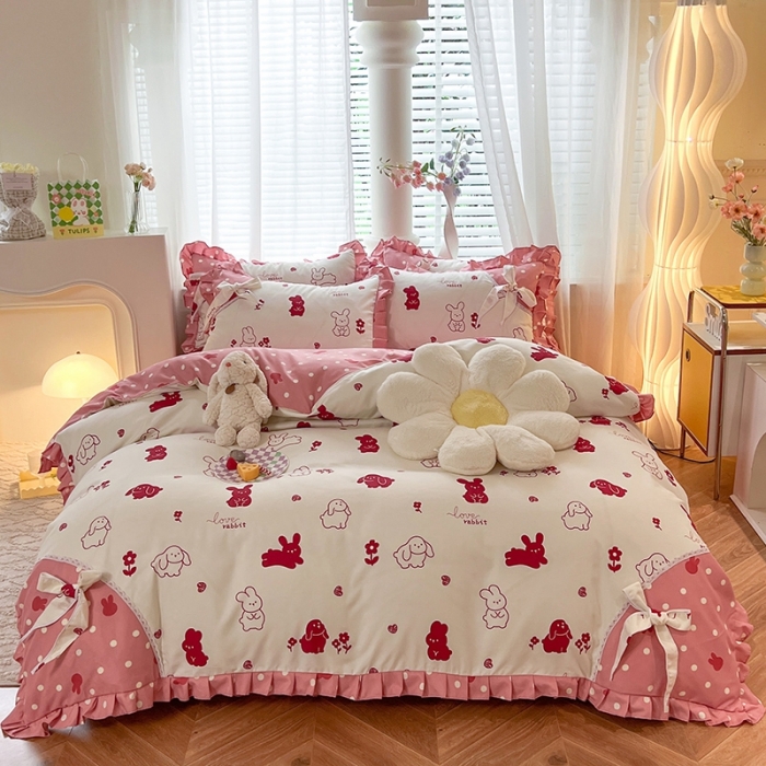 91家纺网 家纺一手货源 找家纺 艺玲 2023新款韩式蝴蝶结花边斜纹加厚磨毛床裙床单四件套 彼得兔