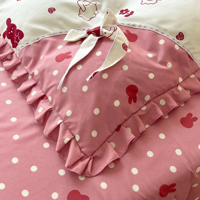 91家纺网 家纺一手货源 找家纺 艺玲 2023新款韩式蝴蝶结花边斜纹加厚磨毛床裙床单四件套 彼得兔