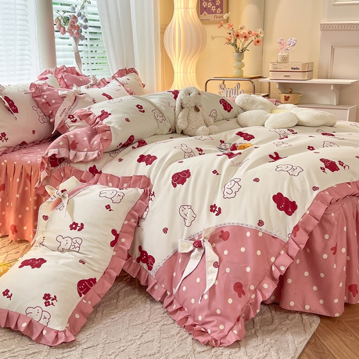 91家纺网 家纺一手货源 找家纺 艺玲 2023新款韩式蝴蝶结花边斜纹加厚磨毛床裙床单四件套 彼得兔