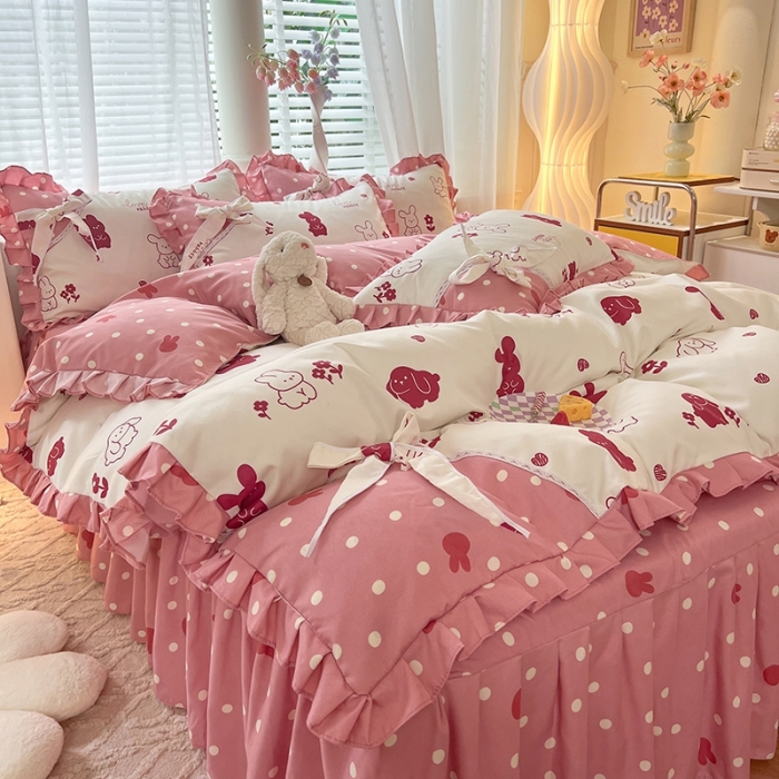 91家纺网 家纺一手货源 找家纺 艺玲 2023新款韩式蝴蝶结花边斜纹加厚磨毛床裙床单四件套 彼得兔