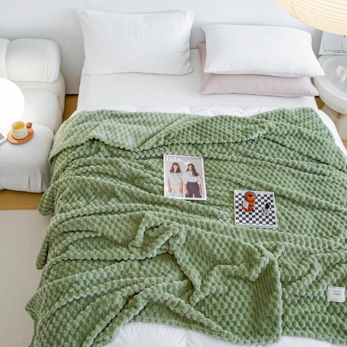 91家纺网 家纺一手货源 找家纺 羋多 2023年新款菠萝格提花毯子法莱绒云貂绒贴布毛毯 金龟绒-抹茶绿