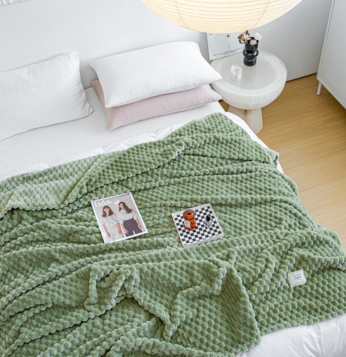 91家纺网 家纺一手货源 找家纺 羋多 2023年新款菠萝格提花毯子法莱绒云貂绒贴布毛毯 金龟绒-抹茶绿