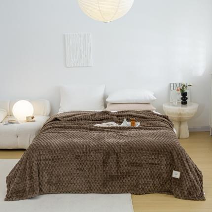 91家纺网 家纺一手货源 找家纺 羋多 2023年新款菠萝格提花毯子法莱绒云貂绒贴布毛毯 金龟绒-深咖