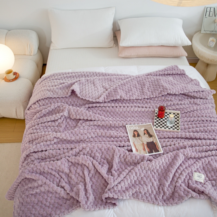 91家纺网 家纺一手货源 找家纺 羋多 2023年新款菠萝格提花毯子法莱绒云貂绒贴布毛毯 金龟绒-香芋紫