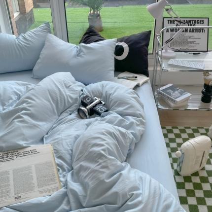 91家纺网 家纺一手货源 找家纺 阿曼达2023新款ins风超柔亲肤水洗m纯色四件套 ins水洗-空气蓝