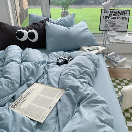 91家纺网 家纺一手货源 找家纺 阿曼达2023新款ins风超柔亲肤水洗m纯色四件套 ins水洗-麦蓝色