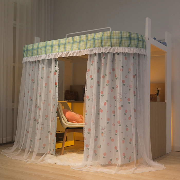 91家纺网 家纺一手货源 找家纺 安金 2024新款涂层99％强遮光学生蚊帐床帘一体格子花边印花 桌下帘印花格子-郁金香兔