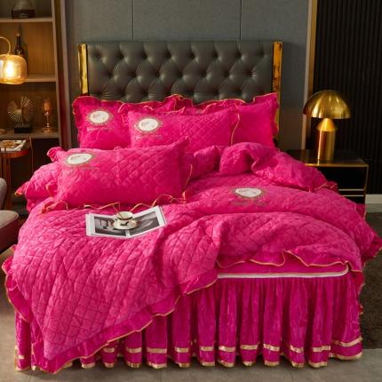 91家纺网 家纺一手货源 找家纺 大豆蛋白棉天鹅绒夹棉床笠加床裙拉链可脱卸床裙 居里夫人-玫红