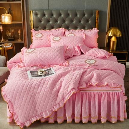 91家纺网 家纺一手货源 找家纺 大豆蛋白棉天鹅绒夹棉床笠加床裙拉链可脱卸床裙 居里夫人-少女粉