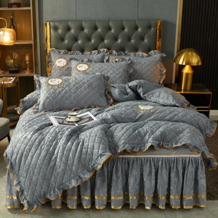 91家纺网 家纺一手货源 找家纺 大豆蛋白棉天鹅绒夹棉床笠加床裙拉链可脱卸床裙 居里夫人-雅灰