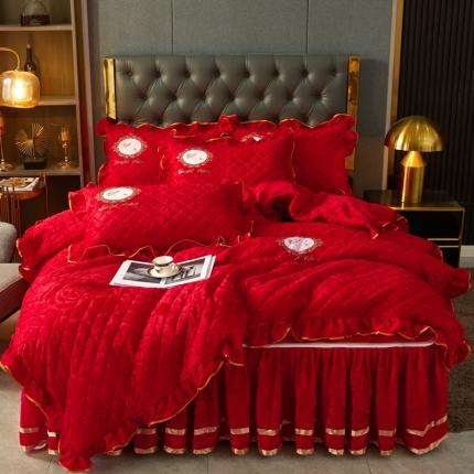 大豆蛋白棉天鹅绒夹棉床笠加床裙拉链可脱卸床裙 居里夫人-玛雅红