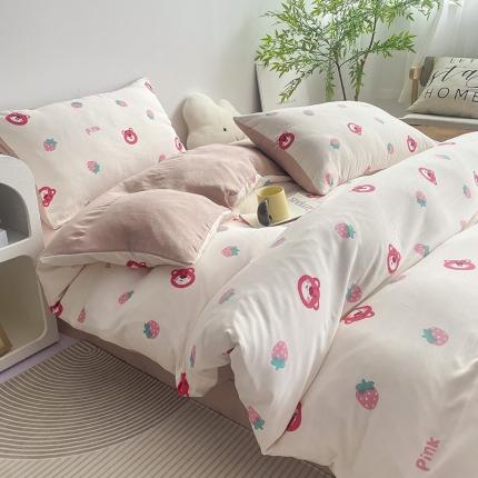 91家纺网 家纺一手货源 找家纺 寐时代 2023新款有氧提花双层纱四件套 草莓熊