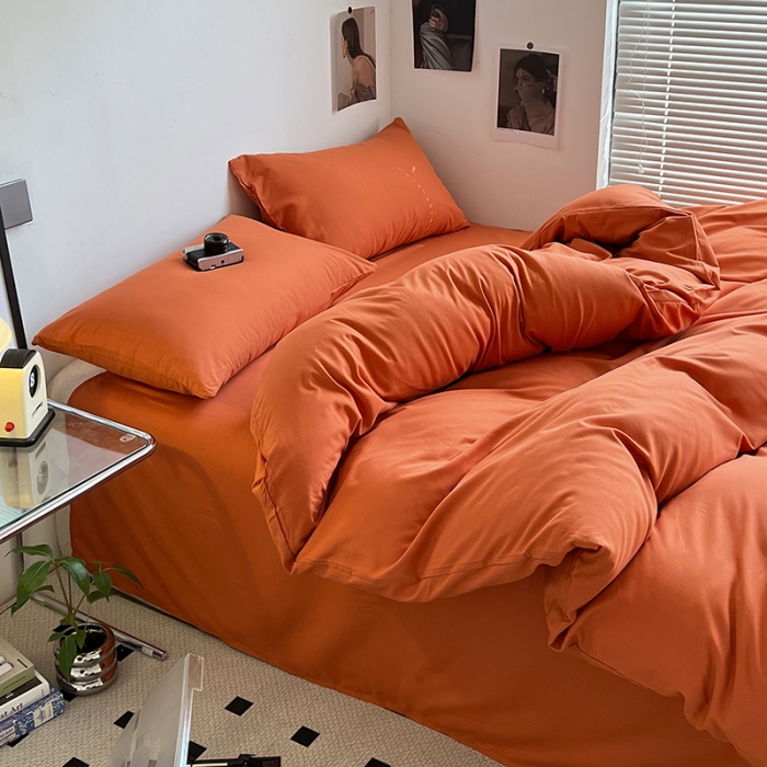 91家纺网 家纺一手货源 找家纺 蓝淋家纺 2023新款双拼水洗棉高级感亲肤四件套/三件套 爱马仕橙