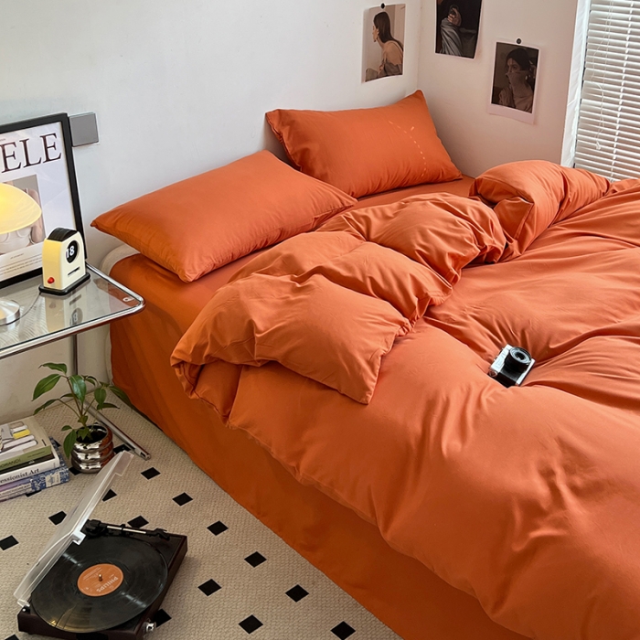 91家纺网 家纺一手货源 找家纺 蓝淋家纺 2023新款双拼水洗棉高级感亲肤四件套/三件套 爱马仕橙