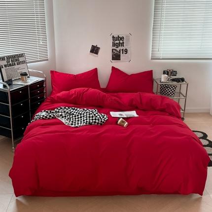 蓝淋家纺 2023新款双拼水洗棉高级感亲肤四件套/三件套 大红