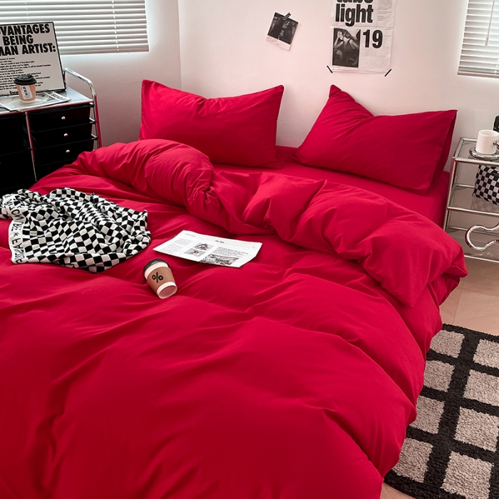 91家纺网 家纺一手货源 找家纺 蓝淋家纺 2023新款双拼水洗棉高级感亲肤四件套/三件套 大红