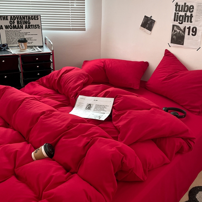 91家纺网 家纺一手货源 找家纺 蓝淋家纺 2023新款双拼水洗棉高级感亲肤四件套/三件套 大红