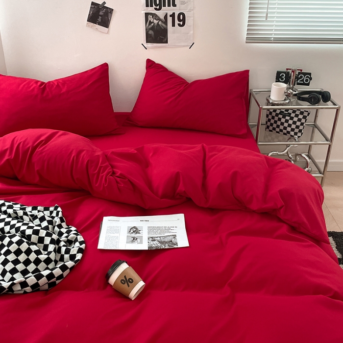 91家纺网 家纺一手货源 找家纺 蓝淋家纺 2023新款双拼水洗棉高级感亲肤四件套/三件套 大红