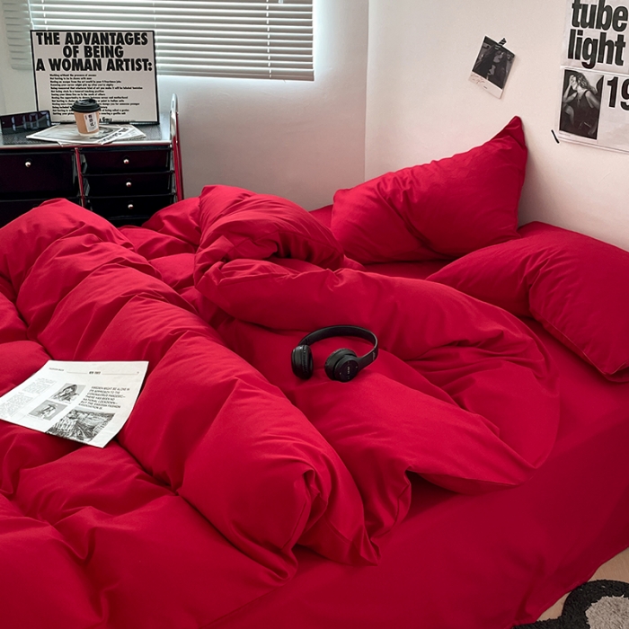 91家纺网 家纺一手货源 找家纺 蓝淋家纺 2023新款双拼水洗棉高级感亲肤四件套/三件套 大红