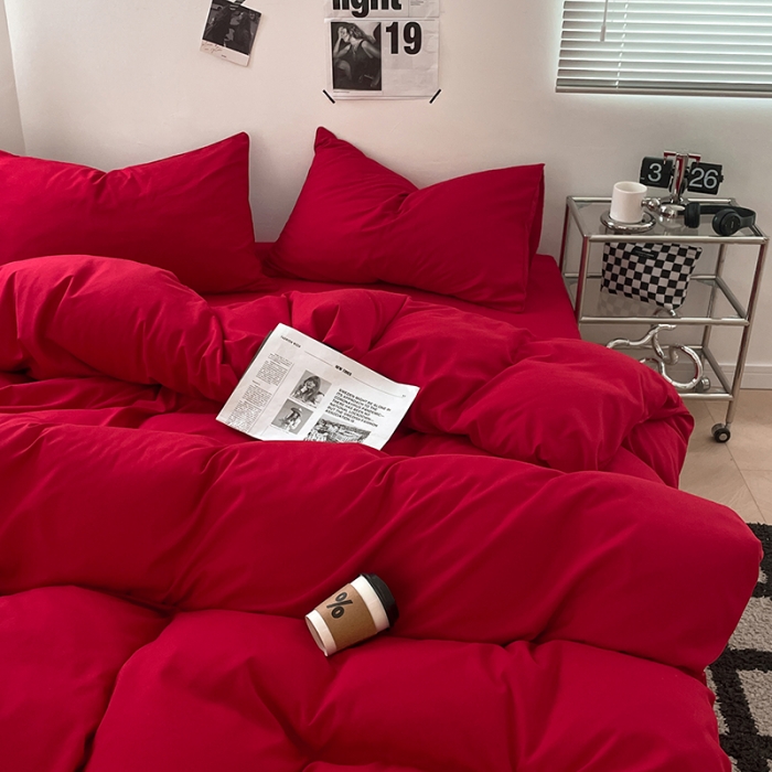 91家纺网 家纺一手货源 找家纺 蓝淋家纺 2023新款双拼水洗棉高级感亲肤四件套/三件套 大红