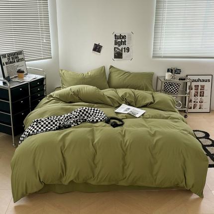 蓝淋家纺 2023新款双拼水洗棉高级感亲肤四件套/三件套 军绿