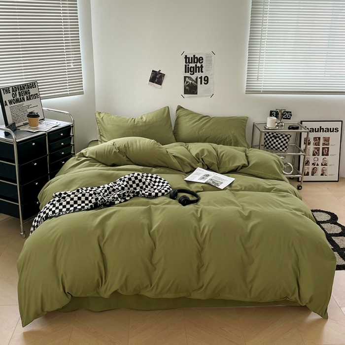 91家纺网 家纺一手货源 找家纺 蓝淋家纺 2023新款双拼水洗棉高级感亲肤四件套/三件套 军绿