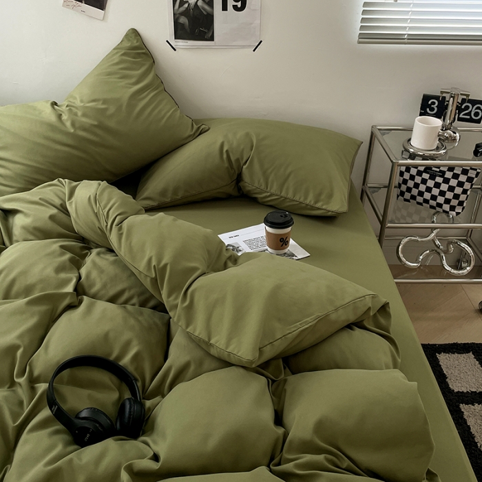 91家纺网 家纺一手货源 找家纺 蓝淋家纺 2023新款双拼水洗棉高级感亲肤四件套/三件套 军绿