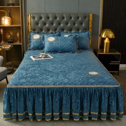 91家纺网 家纺一手货源 找家纺 恋尚 新款大豆蛋白棉天鹅绒夹棉床笠加床裙可脱卸床裙 居里夫人-钴蓝