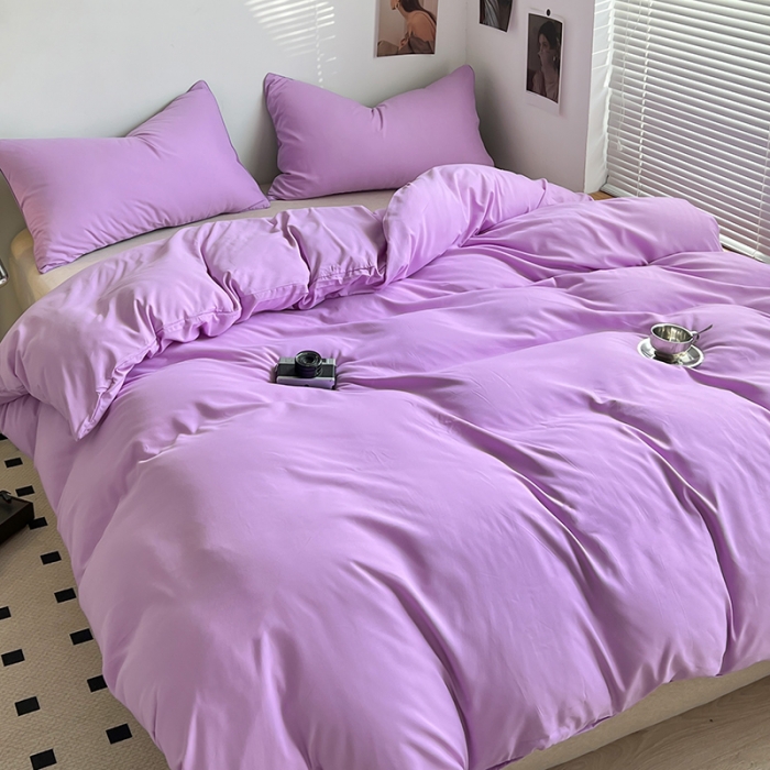 91家纺网 家纺一手货源 找家纺 蓝淋家纺 2023新款双拼水洗棉高级感亲肤四件套/三件套 浅紫浅灰