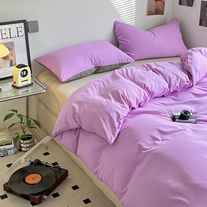 91家纺网 家纺一手货源 找家纺 蓝淋家纺 2023新款双拼水洗棉高级感亲肤四件套/三件套 浅紫浅灰