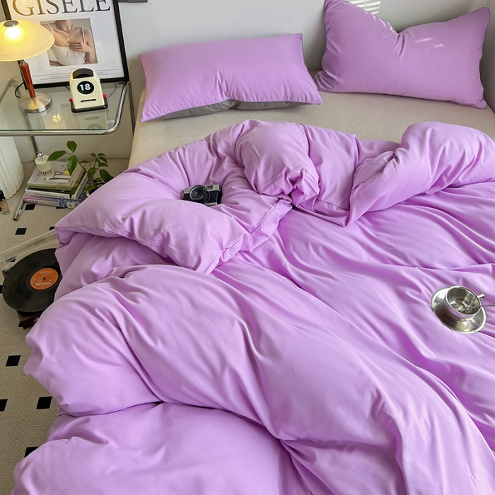 91家纺网 家纺一手货源 找家纺 蓝淋家纺 2023新款双拼水洗棉高级感亲肤四件套/三件套 浅紫浅灰