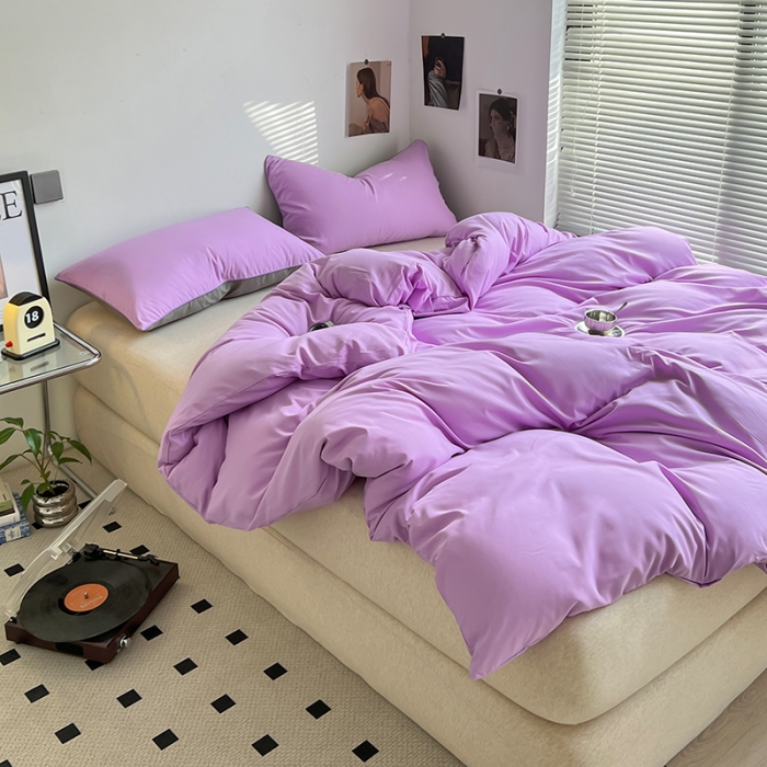 91家纺网 家纺一手货源 找家纺 蓝淋家纺 2023新款双拼水洗棉高级感亲肤四件套/三件套 浅紫浅灰