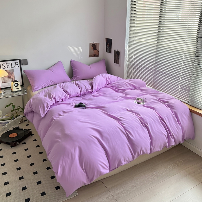 91家纺网 家纺一手货源 找家纺 蓝淋家纺 2023新款双拼水洗棉高级感亲肤四件套/三件套 浅紫浅灰