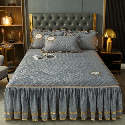 91家纺网 家纺一手货源 找家纺 恋尚 新款大豆蛋白棉天鹅绒夹棉床笠加床裙可脱卸床裙 居里夫人-雅灰