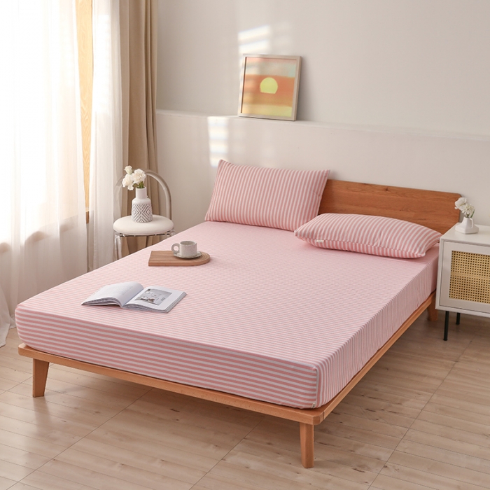 91家纺网 家纺一手货源 找家纺 大元 2025新款老粗布单品床笠 床笠-条纹粉