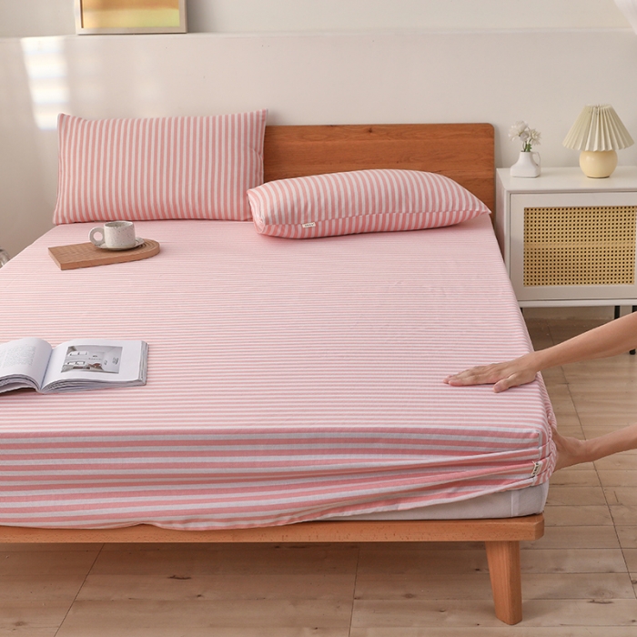 91家纺网 家纺一手货源 找家纺 大元 2025新款老粗布单品床笠 床笠-条纹粉