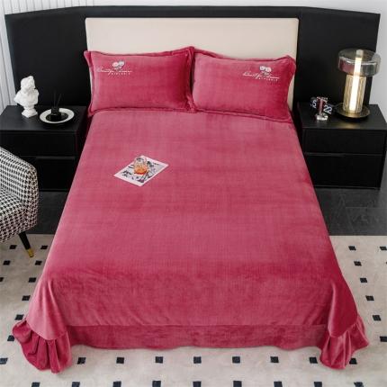新款230克纯色加厚肌理纹牛奶绒单床单肌理纹绣花-酒红