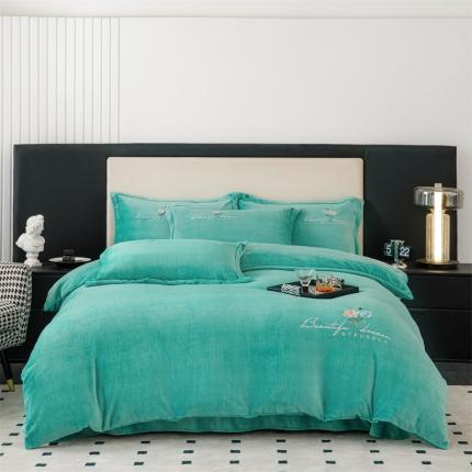 91家纺网 家纺一手货源 找家纺 新款230克肌理纹绣花牛奶绒四件套可定做 肌理纹绣花-绿色