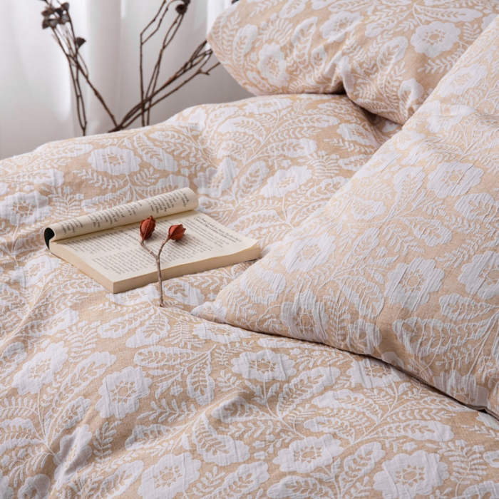 91家纺网 家纺一手货源 找家纺 安莱生活 2023新款双层纱基础款凤尾花语系列四件套 凤尾花语-卡其