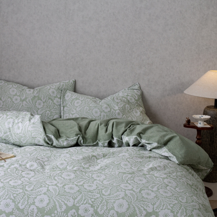 91家纺网 家纺一手货源 找家纺 安莱生活 2023新款双层纱基础款凤尾花语系列四件套 凤尾花语-嫩绿