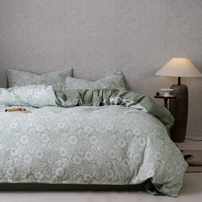 91家纺网 家纺一手货源 找家纺 安莱生活 2023新款双层纱基础款凤尾花语系列四件套 凤尾花语-嫩绿