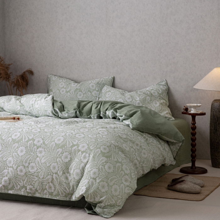 91家纺网 家纺一手货源 找家纺 安莱生活 2023新款双层纱基础款凤尾花语系列四件套 凤尾花语-嫩绿