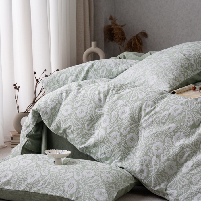 91家纺网 家纺一手货源 找家纺 安莱生活 2023新款双层纱基础款凤尾花语系列四件套 凤尾花语-嫩绿