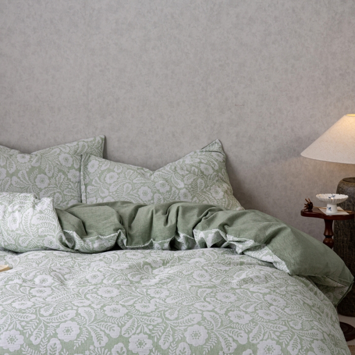 91家纺网 家纺一手货源 找家纺 安莱生活 2023新款双层纱基础款凤尾花语系列四件套 凤尾花语-嫩绿