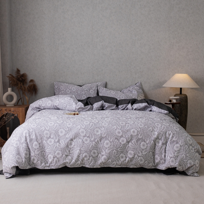 91家纺网 家纺一手货源 找家纺 安莱生活 2023新款双层纱基础款凤尾花语系列四件套 凤尾花语-深灰