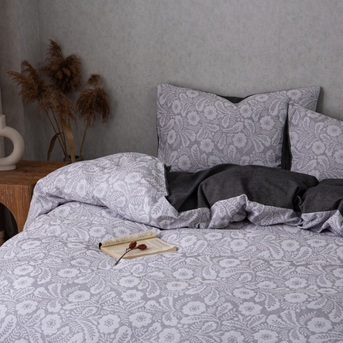 91家纺网 家纺一手货源 找家纺 安莱生活 2023新款双层纱基础款凤尾花语系列四件套 凤尾花语-深灰