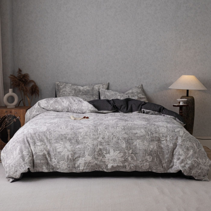 91家纺网 家纺一手货源 找家纺 安莱生活 2023新款双层纱基础蔷薇玫瑰系列四件套 蔷薇物语-深灰