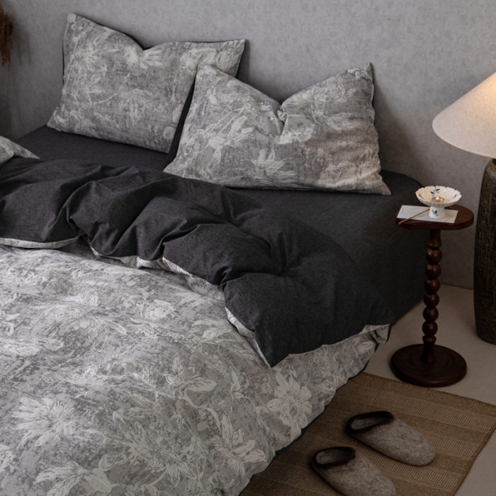 91家纺网 家纺一手货源 找家纺 安莱生活 2023新款双层纱基础蔷薇玫瑰系列四件套 蔷薇物语-深灰