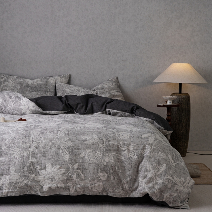 91家纺网 家纺一手货源 找家纺 安莱生活 2023新款双层纱基础蔷薇玫瑰系列四件套 蔷薇物语-深灰